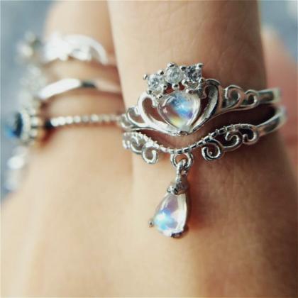 Moonstone Ring Crown Ring Sterling Silver Ring Set